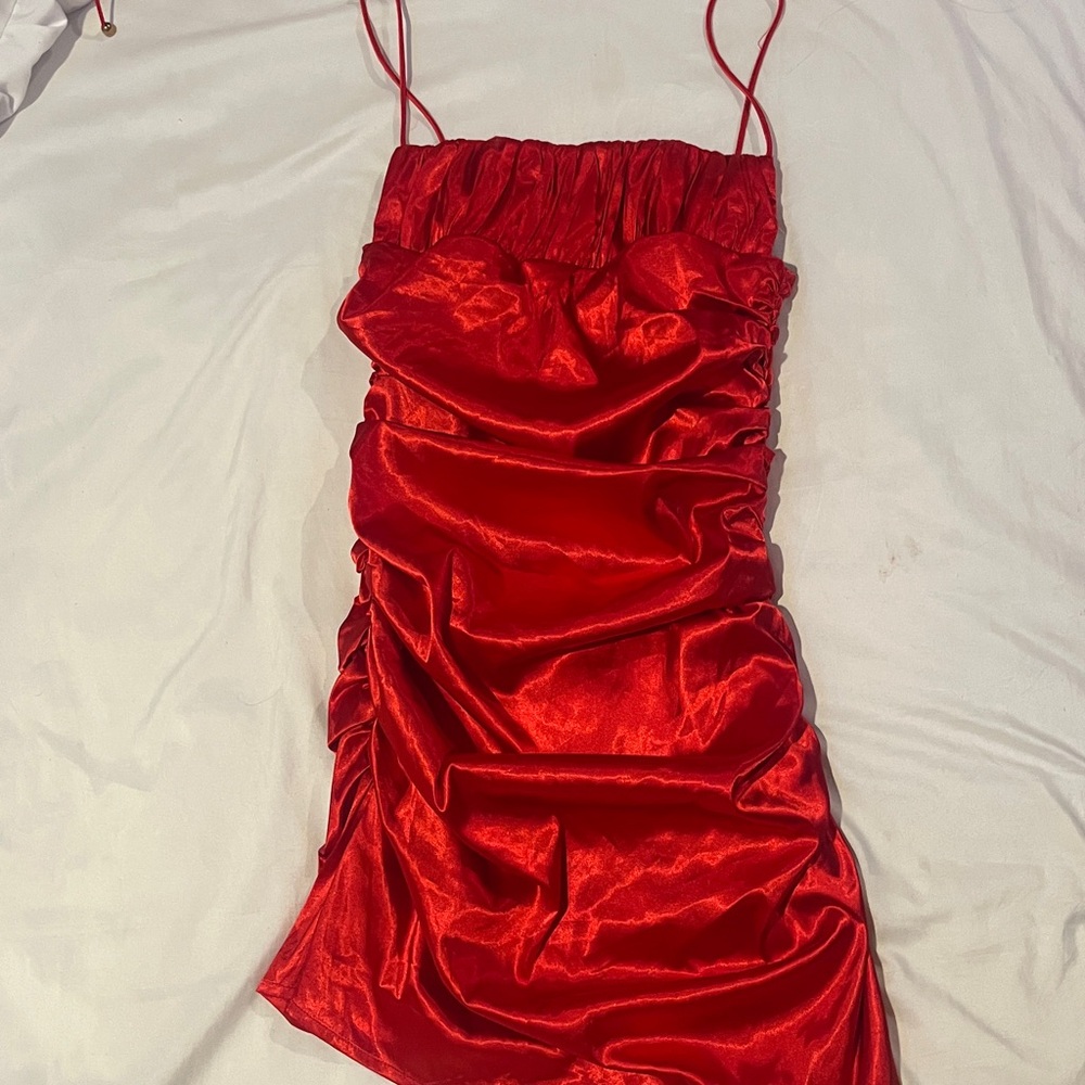 Red Satin Ruched Dress